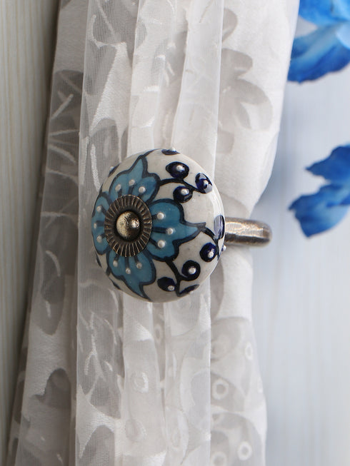 TURQUOISE FLOWER PRINT CURTAIN TIE BACKS HOOK - (SET OF TWO PIECES)